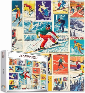 vintage Ski Stamps 1000 Piece Jigsaw Puzzles for Adults and Kid Sports Stamps Puzzles Winter Stamps Puzzle 27×20 Inches Challenging Family Activity Games Colorful DIY Craft Puzzle for Home Decor Gifts