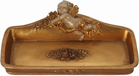 Vintage Tray Antique Trinket Dish, Small Rectangular, Ring Holder With Cherub and Floral Design,Jewelry Or Cosmetics Makeup Storage Organizer,Gift,Aesthetic Room Decor (Ivory and Gold-Cherub)