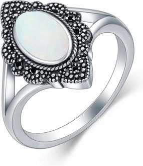 Vintage White Opal Filigree/Leaf/Boho Ring Real 925 Sterling Silver Retro Opal Ring Jewelry Gift for Women Size 5-9