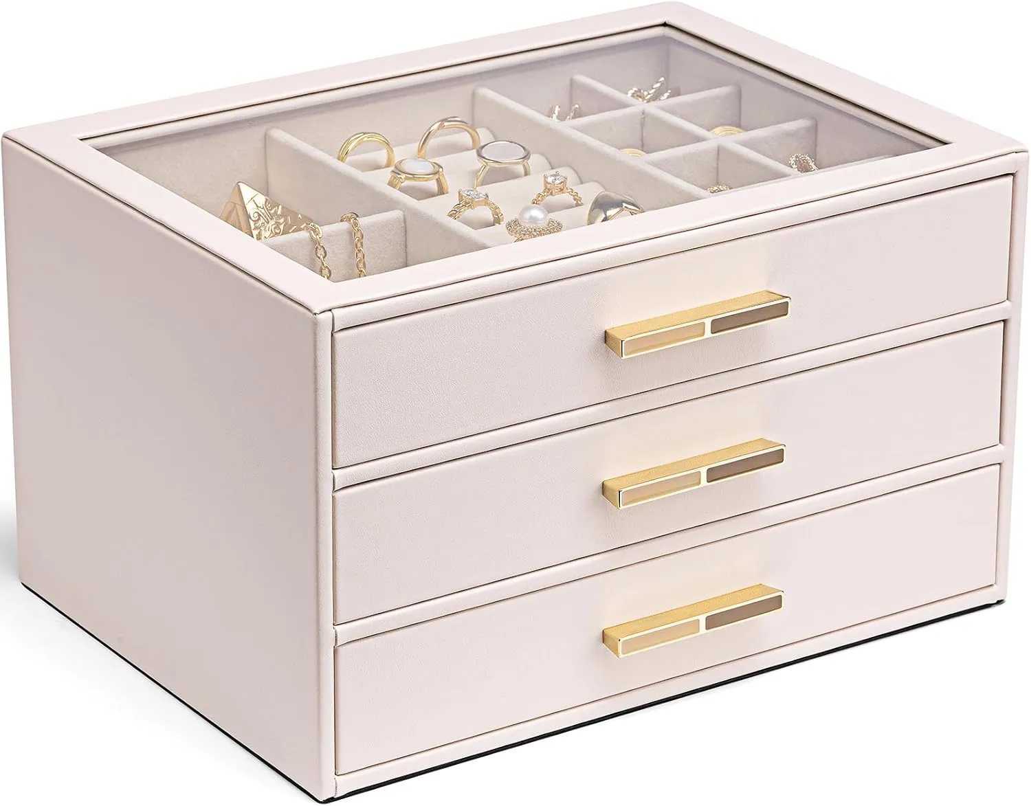 Vlando Jewelry Box for Women, Glass Lid Jewelry Organizer with 3 Drawers for Necklaces Rings Earrings Bracelets - Pink