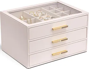 Vlando Jewelry Box for Women, Glass Lid Jewelry Organizer with 3 Drawers for Necklaces Rings Earrings Bracelets - Pink