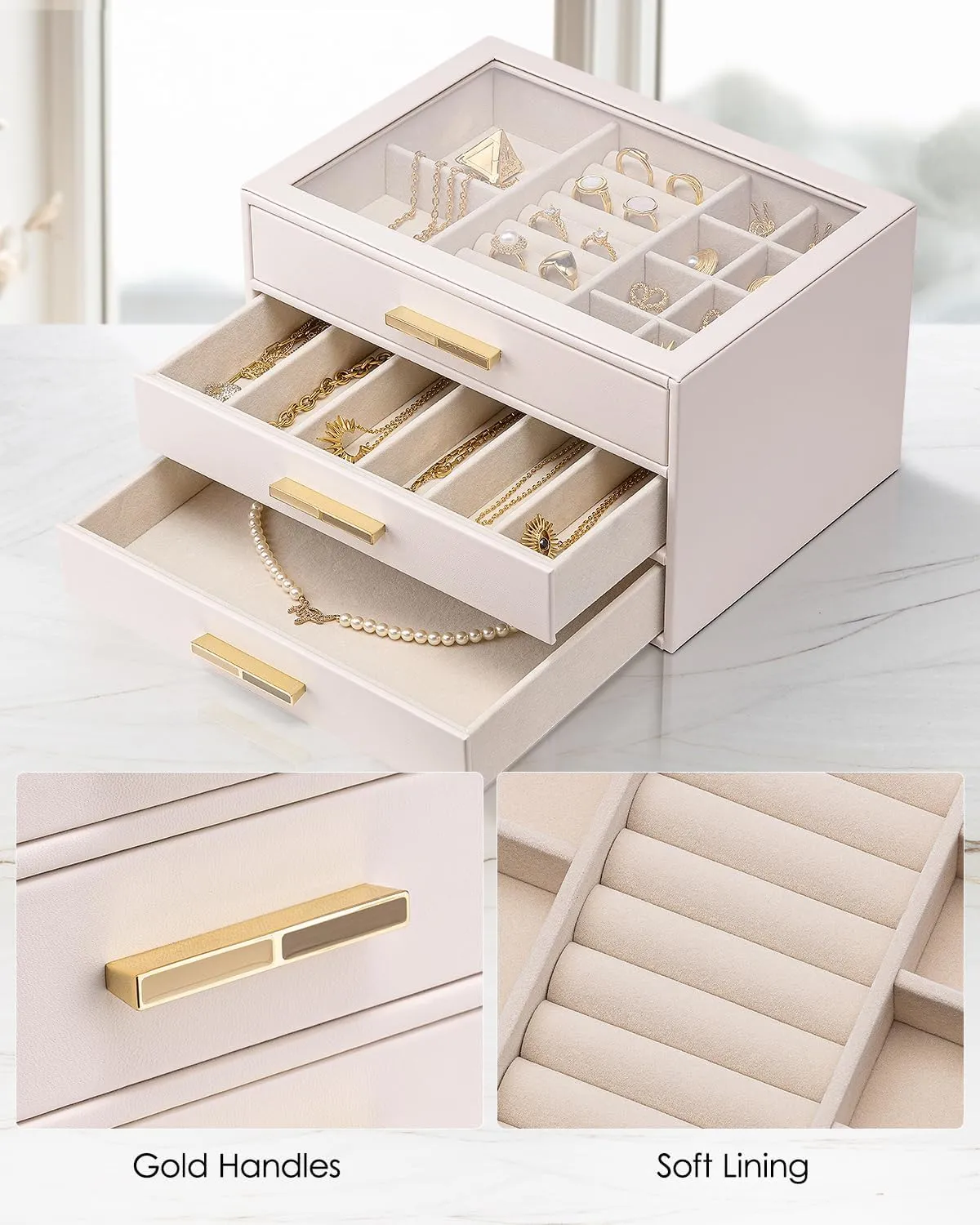 Vlando Jewelry Box for Women, Glass Lid Jewelry Organizer with 3 Drawers for Necklaces Rings Earrings Bracelets - Pink