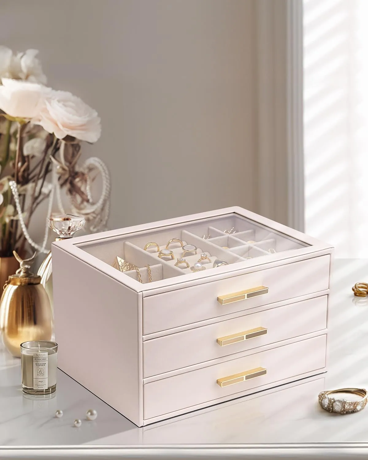 Vlando Jewelry Box for Women, Glass Lid Jewelry Organizer with 3 Drawers for Necklaces Rings Earrings Bracelets - Pink