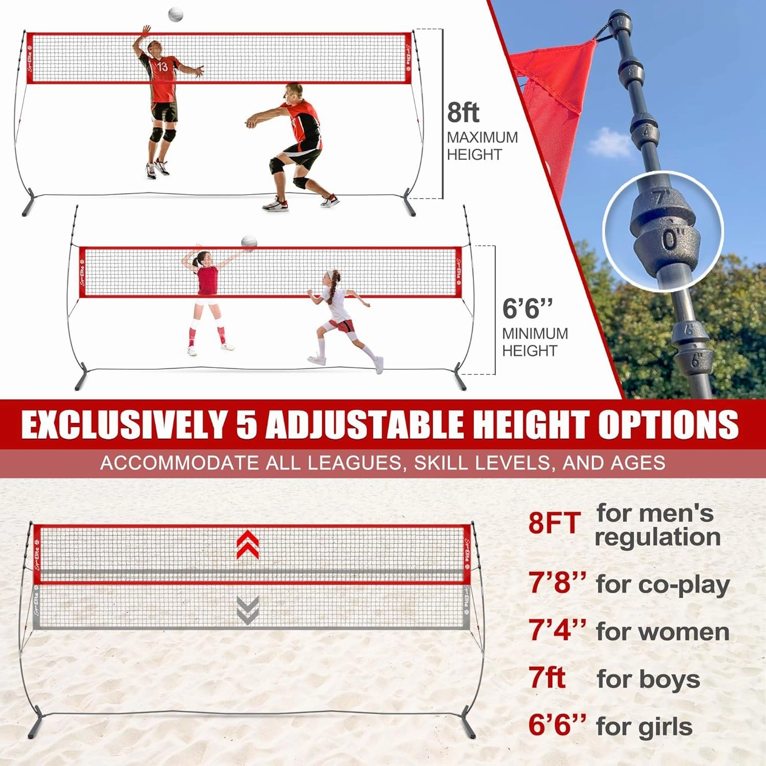 Volleyball Practice Net with with Patented 5-Height Adjustment (6'6'' to 8'), Portable Freestanding Training System for Backyard, Indoor or Outdoor, Heavy Duty & Easy Setup