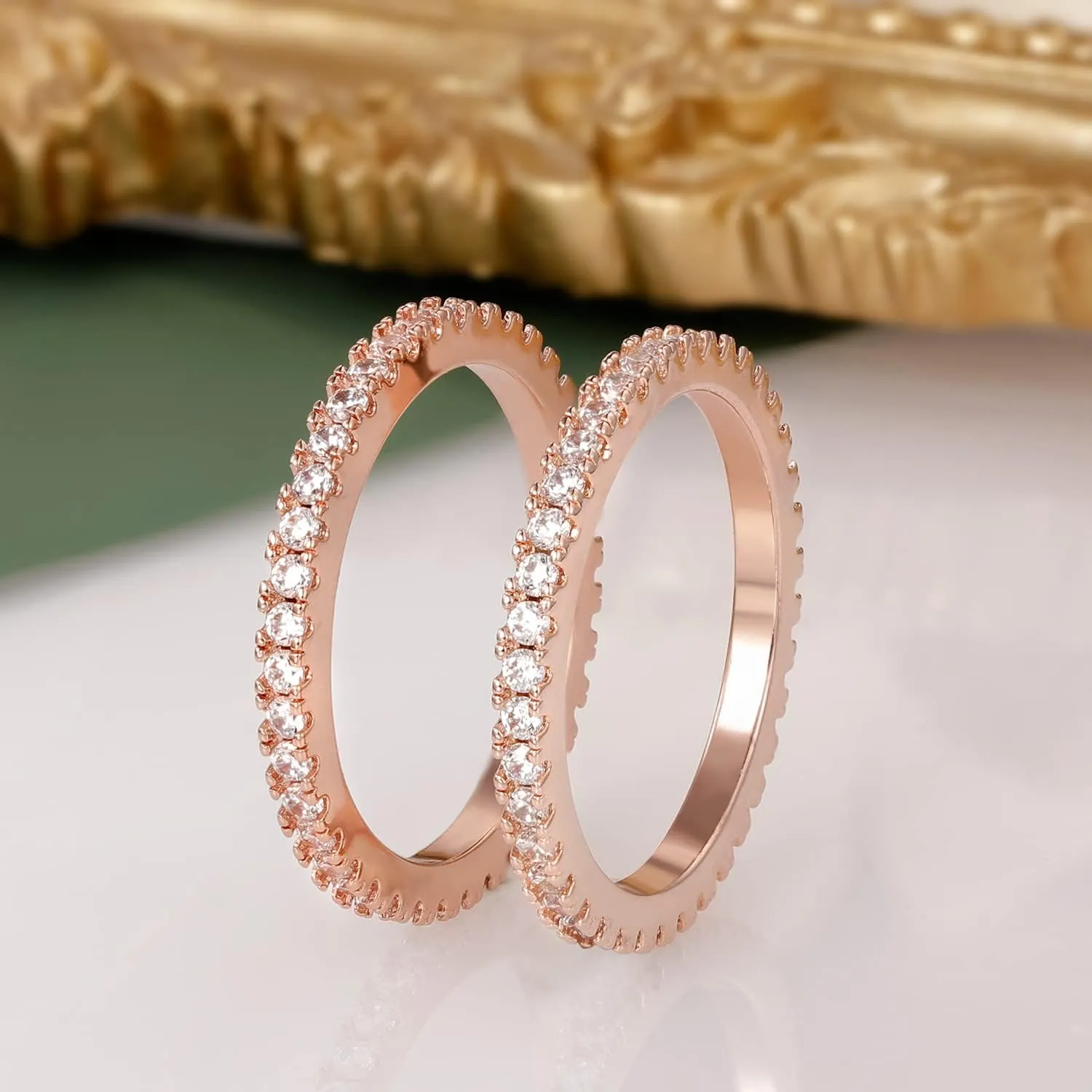 VOLUKA Eternity Stacking Rings for Women Men 18K Rose Gold Plated Cubic Zirconia Thin Rings