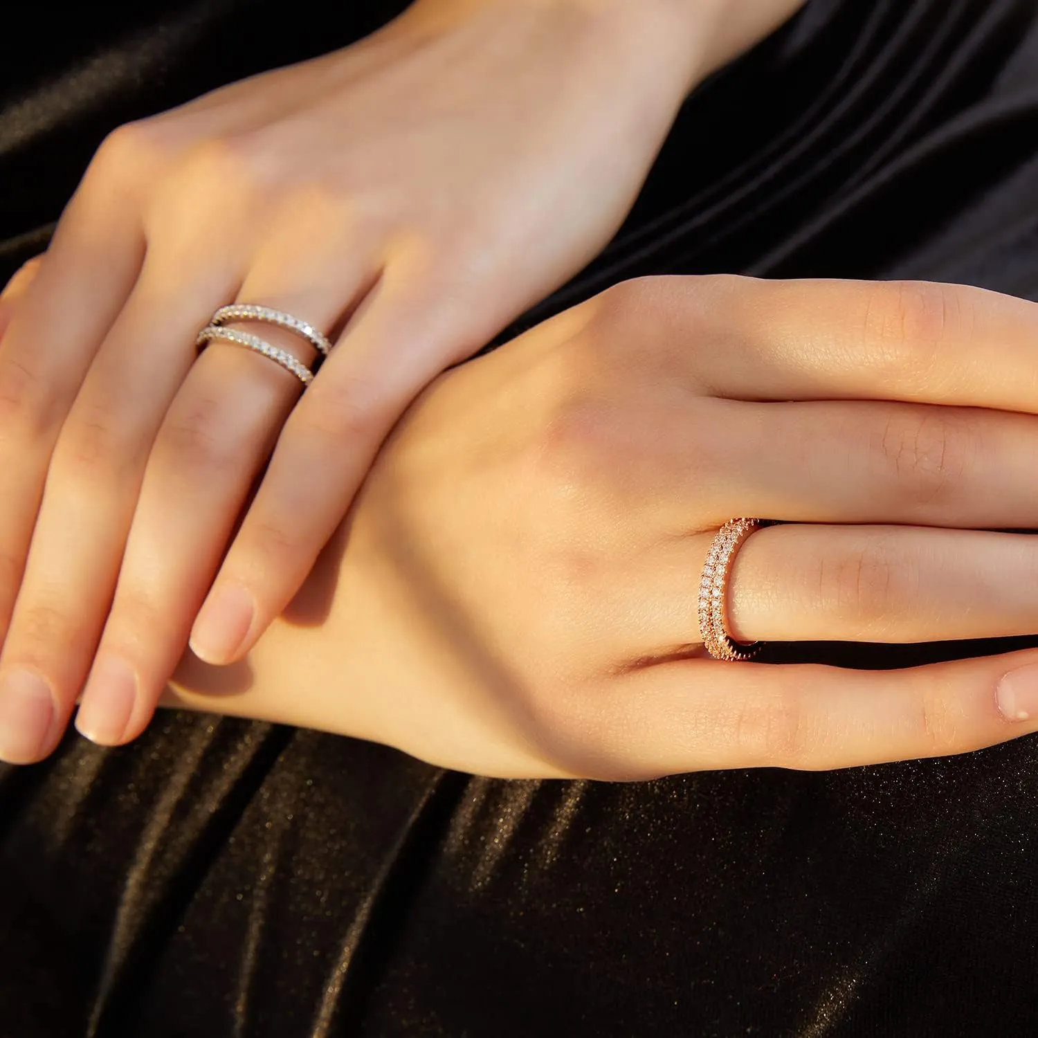 VOLUKA Eternity Stacking Rings for Women Men 18K Rose Gold Plated Cubic Zirconia Thin Rings