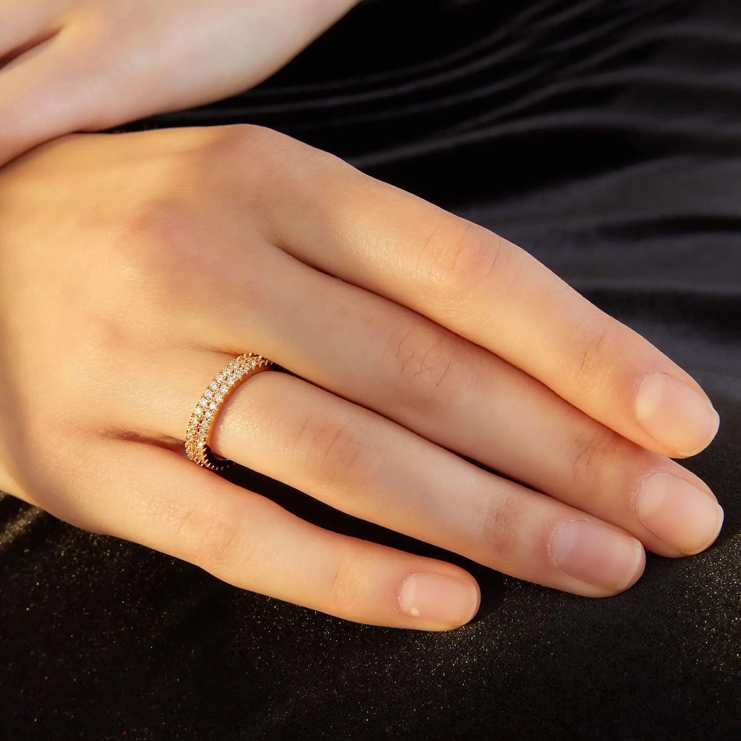 VOLUKA Eternity Stacking Rings for Women Men 18K Rose Gold Plated Cubic Zirconia Thin Rings