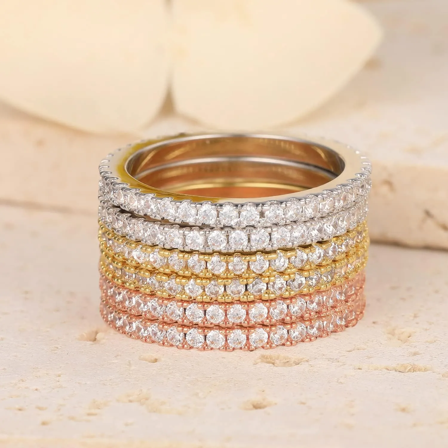 VOLUKA Eternity Stacking Rings for Women Men 18K Rose Gold Plated Cubic Zirconia Thin Rings