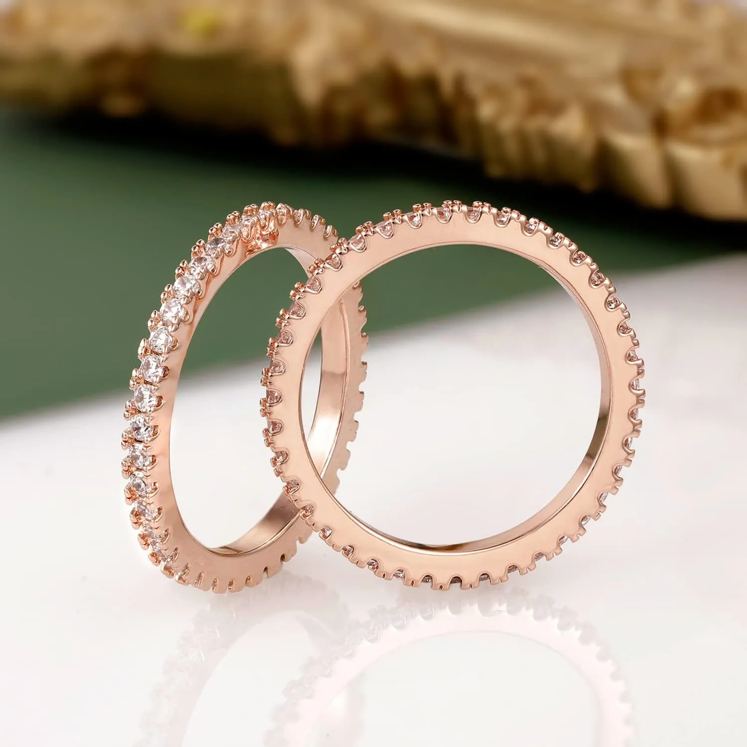 VOLUKA Eternity Stacking Rings for Women Men 18K Rose Gold Plated Cubic Zirconia Thin Rings