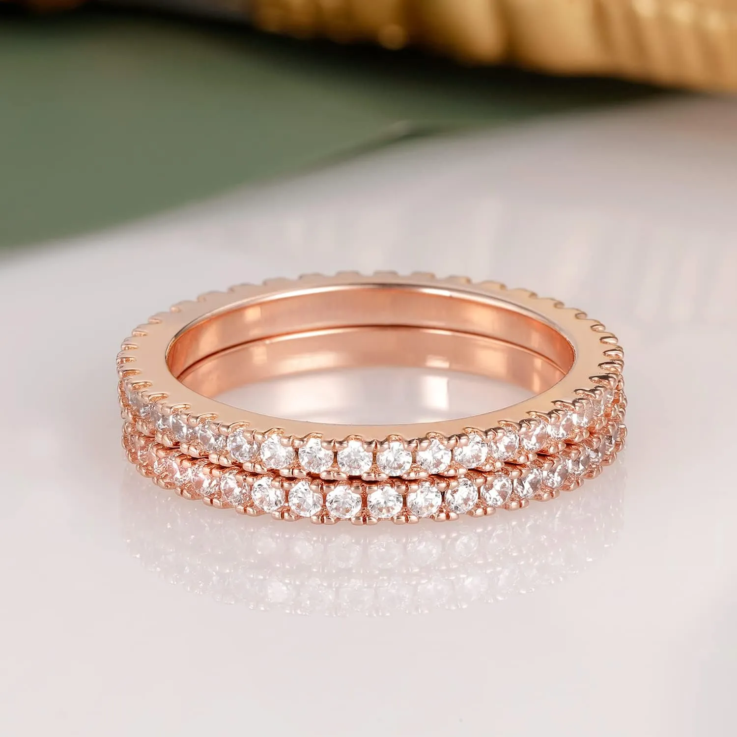 VOLUKA Eternity Stacking Rings for Women Men 18K Rose Gold Plated Cubic Zirconia Thin Rings