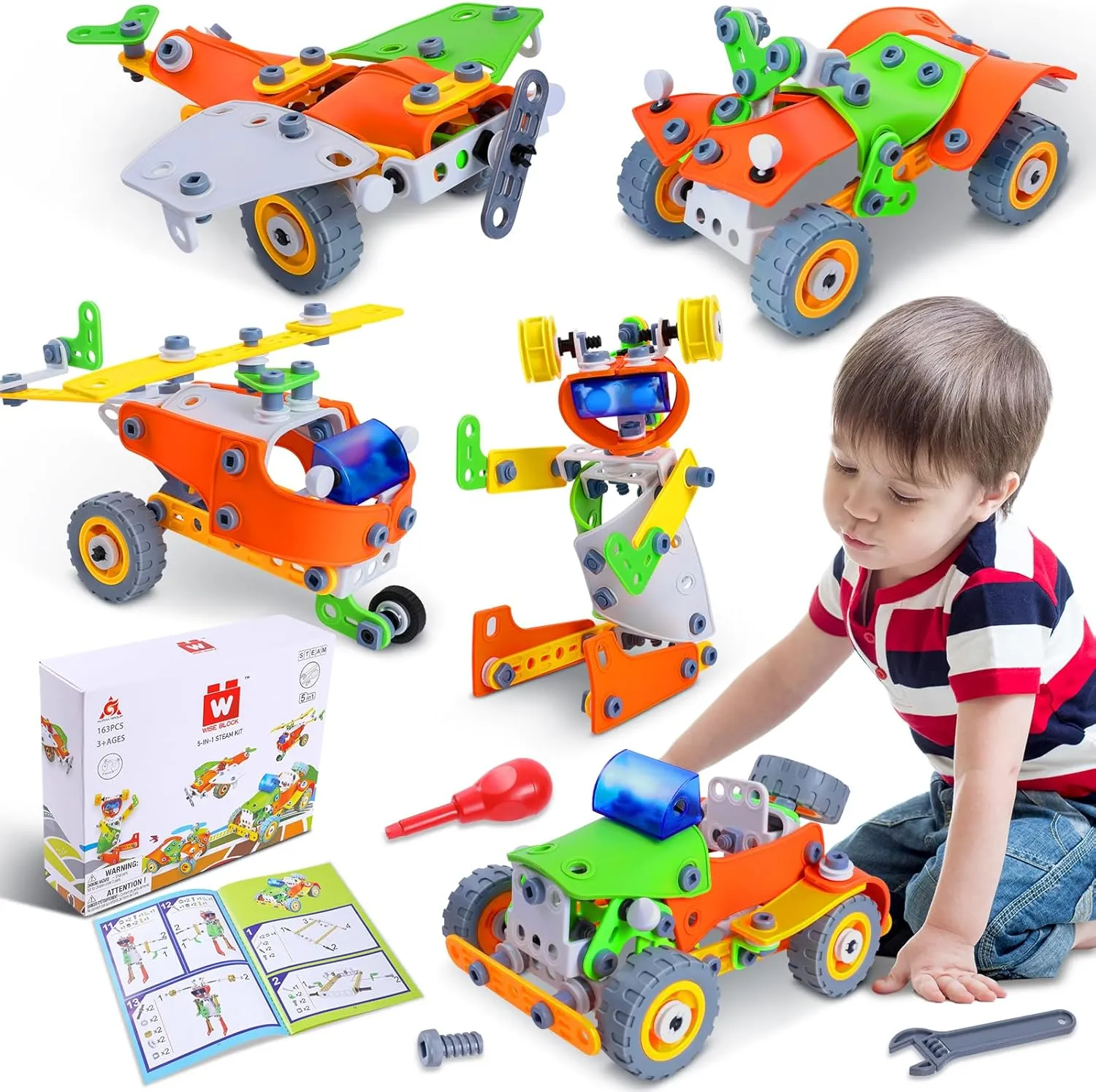 W WISE BLOCK 164 PCS STEM Toys, Educational Building Blocks Classroom Toys, Erector Set Building Toys for Kids Age 4-8 8-12, Toy Building Sets Learning Construction Toys Gifts for Boys Grils