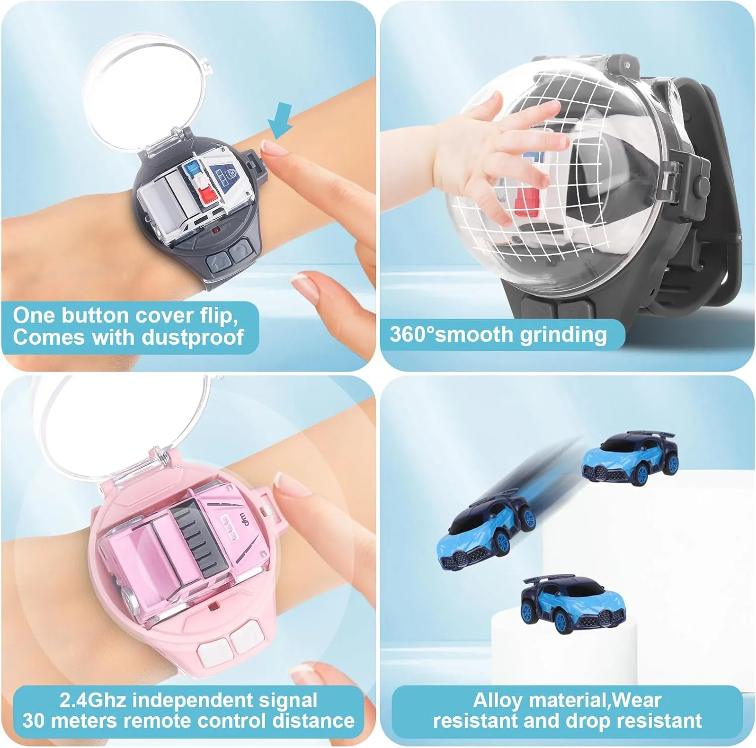 Watch Remote Control Car Toy for Kids,New Mini 2.4 Ghz Racing Game Wrist Cars Easter Toy with LED Light,Watches Remote Control Car for Boys and Girls Birthday Gifts,USB Charging,Blue White
