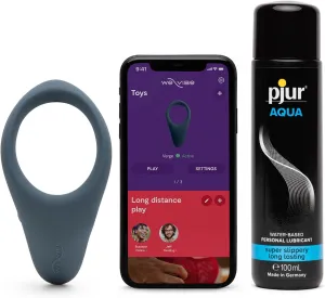 We-Vibe Verge Vibrating Cock Ring App Controlled & Pjur Aqua Water Based Personal Lubricant 3.4 fl oz - Male Sex Toys Bundle
