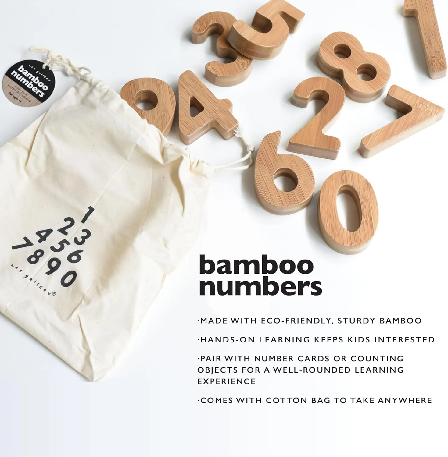 Wee Gallery Bamboo Numbers Set - Number Learning for Baby, Toddler, Preschool Age Kids - Interactive Wooden Numbers to Stimulate Early Development Through Educational Toys