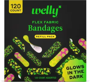 Welly Bandage Glow-in-The-Dark Refill Pack | Adhesive Flexible Fabric Bandages | Assorted Shapes and Patterns for Minor Cuts, Scrapes, and Wounds - 120 Count
