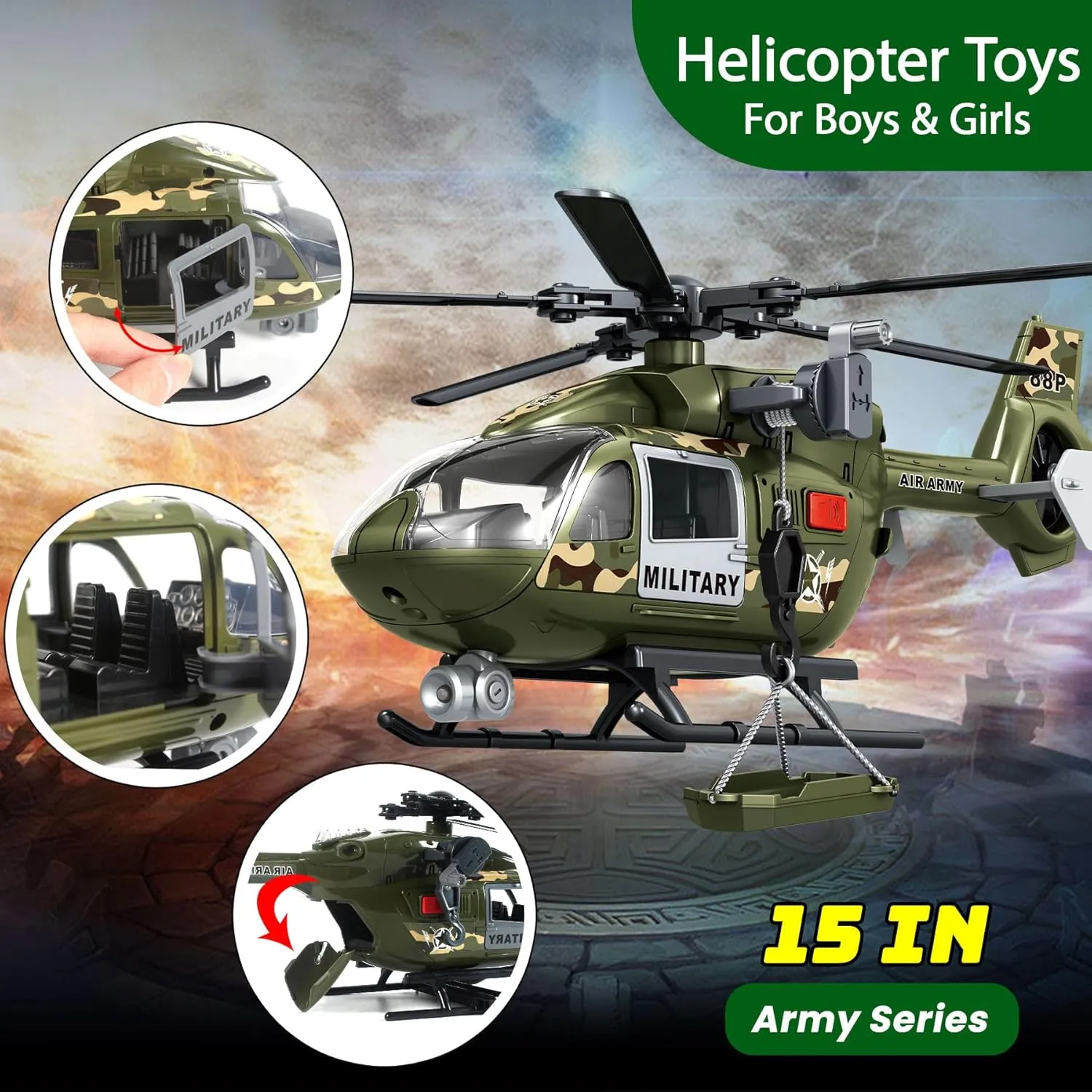 Wenbeier Military Helicopter Toy for Boys with Hanging Basket Toy Airplane with Lights and Sound Rescue Vehicles Toys for Kids Aged 3 4 5 6 7