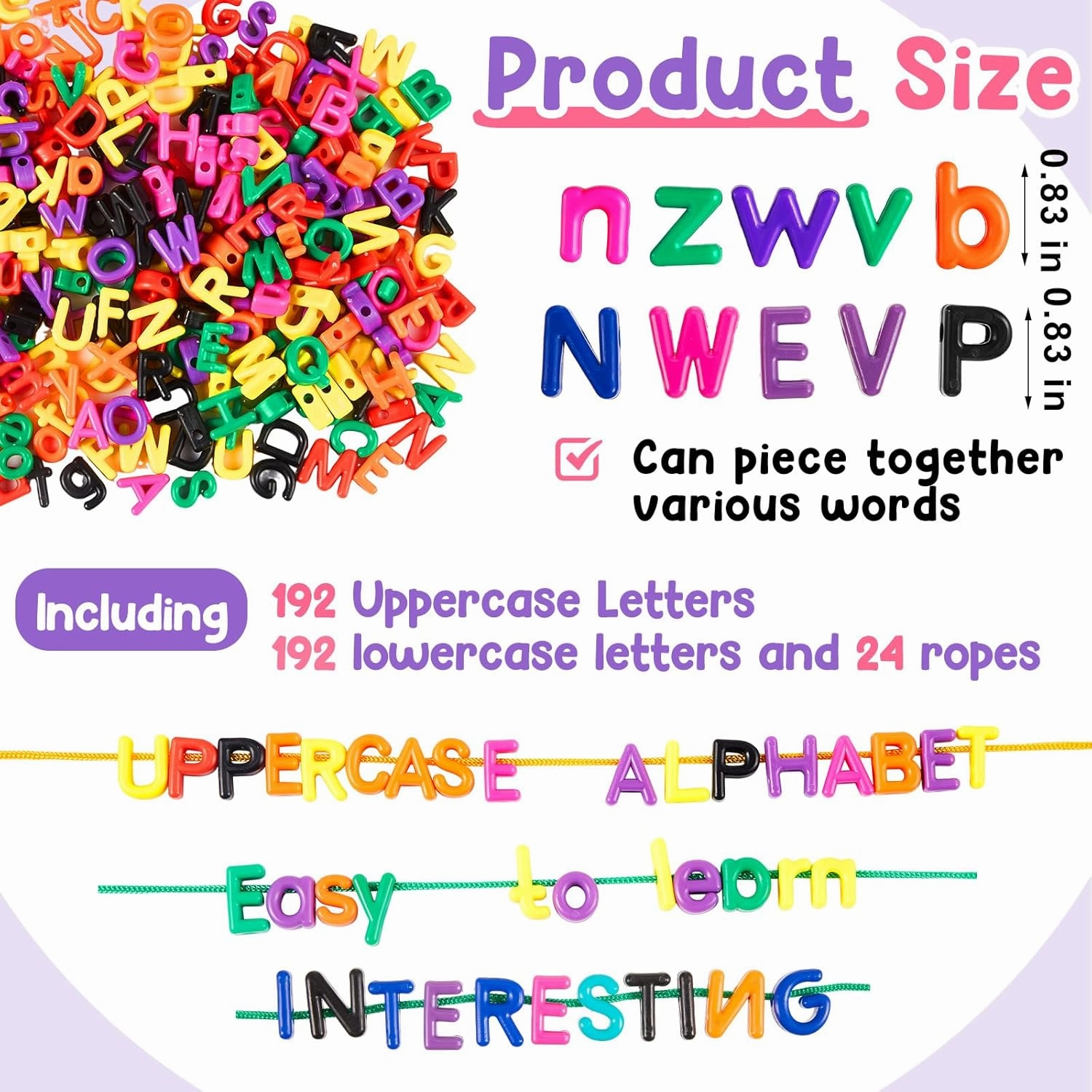 Wesiti 408 Pcs Lacing Letters Alphabet Learning Toys Toddler ABC Alphabet Beads Lacing Fine Motor Skills Toys for Preschool Games Homeschool Supplies Early Spelling(Lowercase Uppercase Letters)
