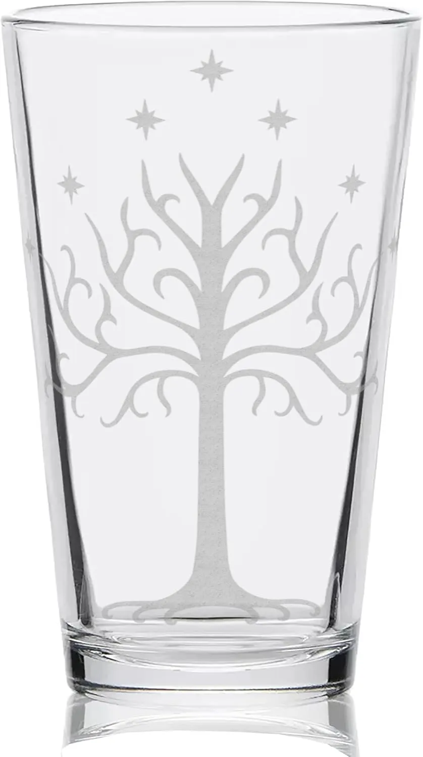 WHITE TREE OF GONDOR Engraved 16oz Pint Glass | Inspired by Tolkien One Ring and Middle Earth | Great Christmas Gift Idea | Unique Elvish Fantasy Wizard Fantasy Decor!
