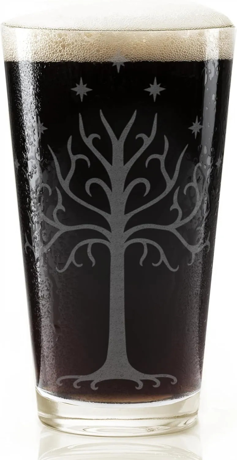 WHITE TREE OF GONDOR Engraved 16oz Pint Glass | Inspired by Tolkien One Ring and Middle Earth | Great Christmas Gift Idea | Unique Elvish Fantasy Wizard Fantasy Decor!