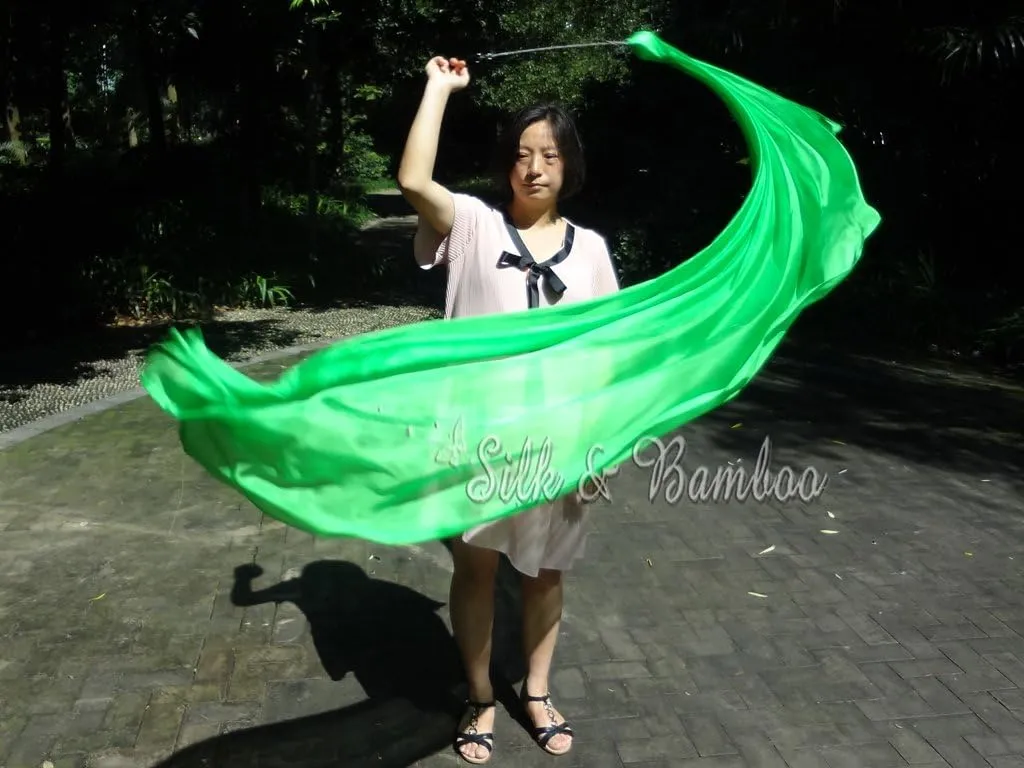 Winged Sirenny 90" Play Silk Scarf with Poi Ball, Colorful Silk Flag Ribbon Streamer, Belly Dance Practice VOI, Single Piece (Green)