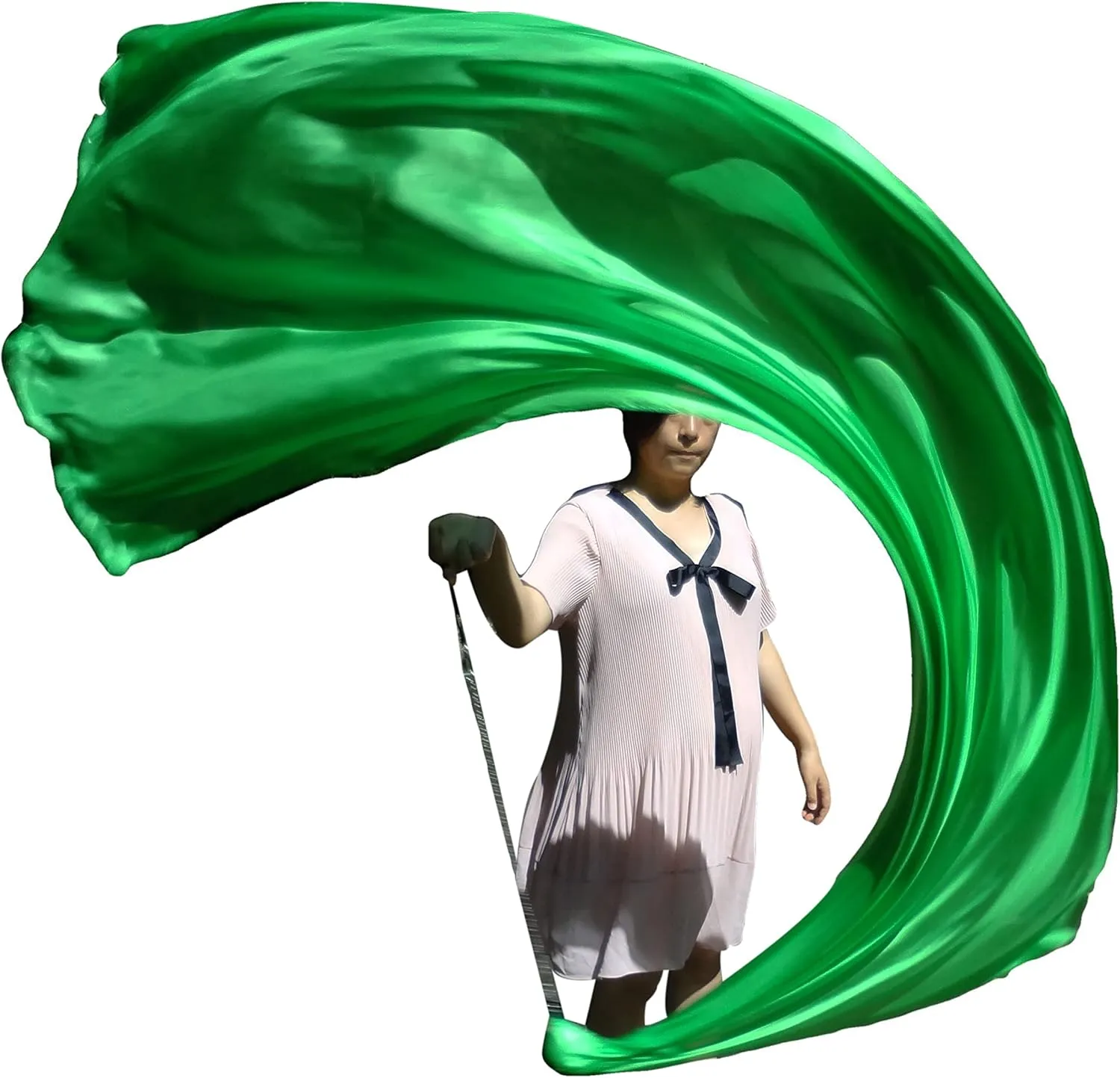Winged Sirenny 90" Play Silk Scarf with Poi Ball, Colorful Silk Flag Ribbon Streamer, Belly Dance Practice VOI, Single Piece (Green)
