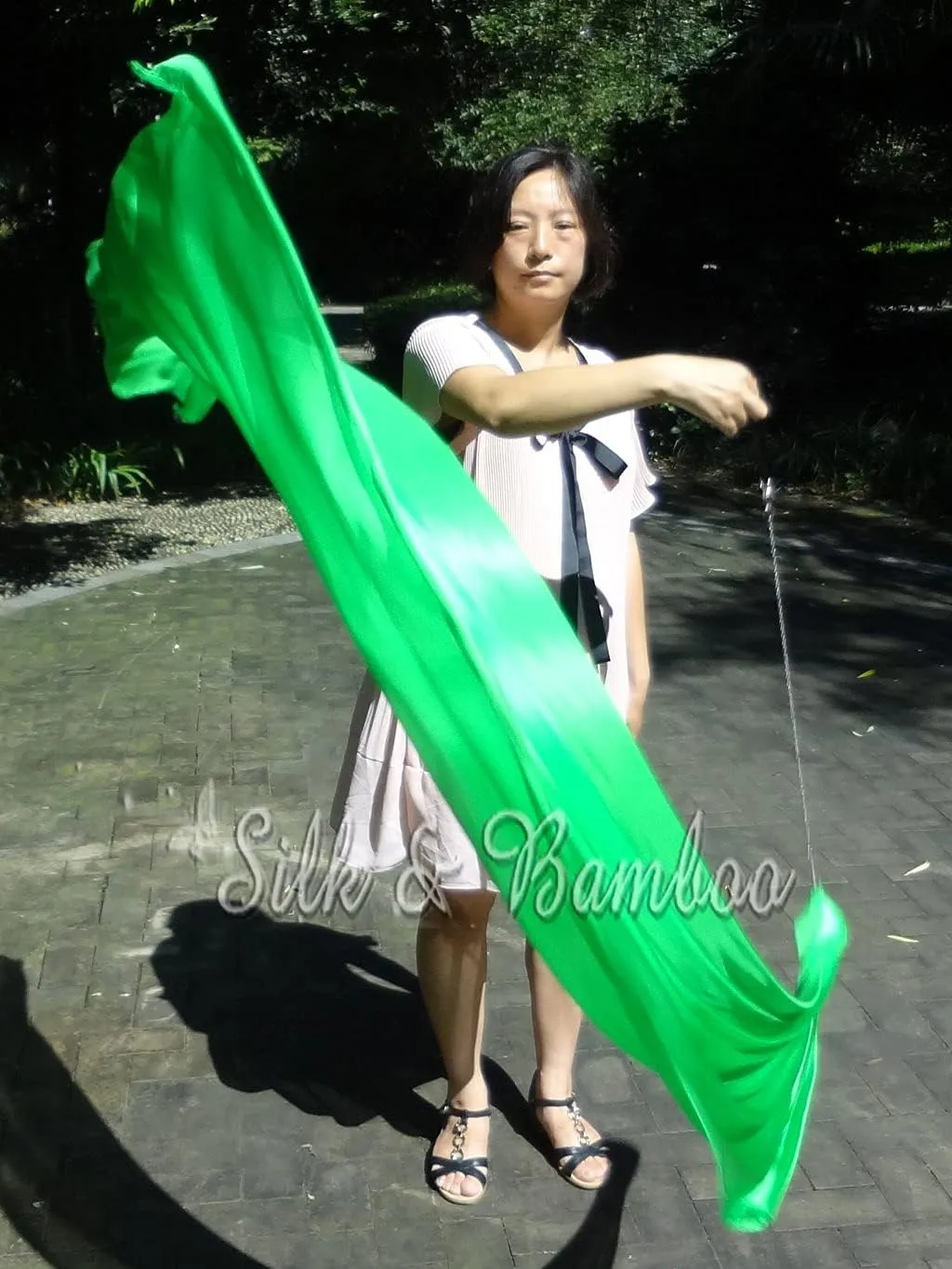Winged Sirenny 90" Play Silk Scarf with Poi Ball, Colorful Silk Flag Ribbon Streamer, Belly Dance Practice VOI, Single Piece (Green)
