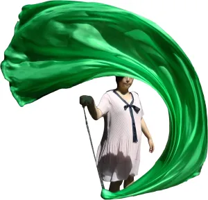 Winged Sirenny 90" Play Silk Scarf with Poi Ball, Colorful Silk Flag Ribbon Streamer, Belly Dance Practice VOI, Single Piece (Green)
