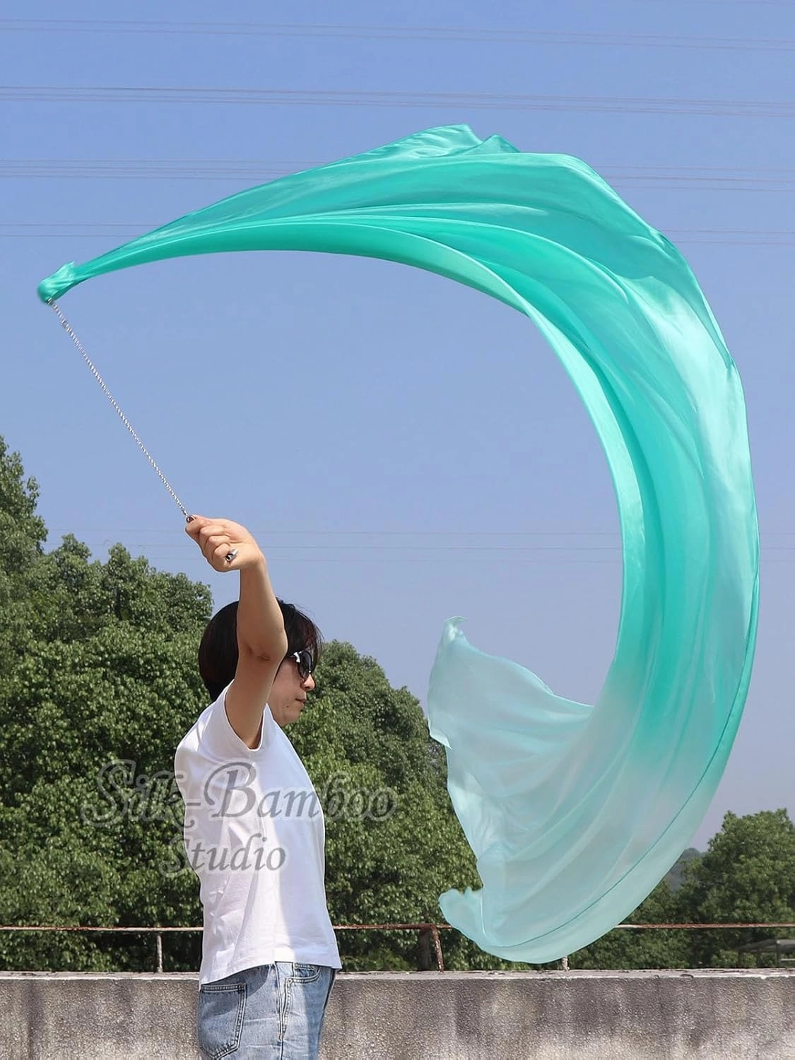 Winged Sirenny 90" Play Silk Scarf with Poi Ball, Colorful Silk Flag Ribbon Streamer, Belly Dance Practice VOI, Single Piece (aqua fading)