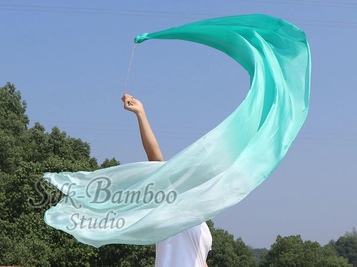 Winged Sirenny 90" Play Silk Scarf with Poi Ball, Colorful Silk Flag Ribbon Streamer, Belly Dance Practice VOI, Single Piece (aqua fading)