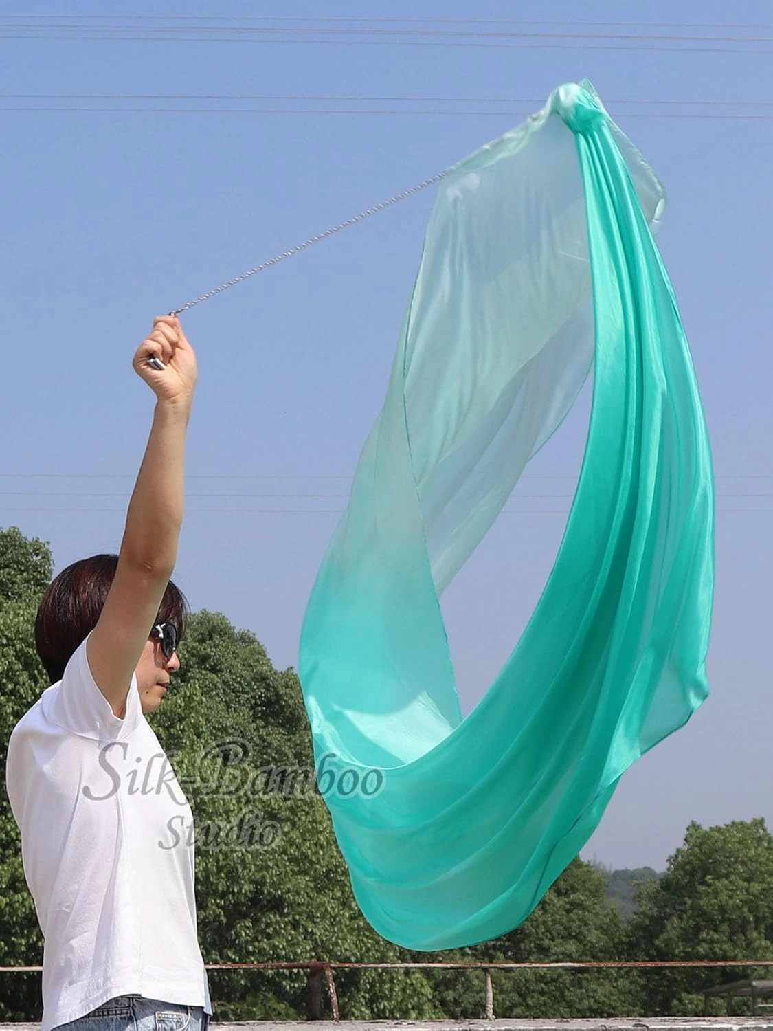 Winged Sirenny 90" Play Silk Scarf with Poi Ball, Colorful Silk Flag Ribbon Streamer, Belly Dance Practice VOI, Single Piece (aqua fading)