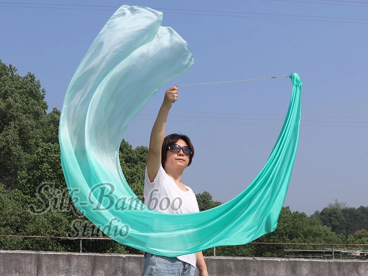 Winged Sirenny 90" Play Silk Scarf with Poi Ball, Colorful Silk Flag Ribbon Streamer, Belly Dance Practice VOI, Single Piece (aqua fading)