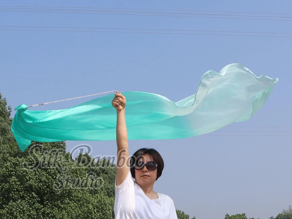 Winged Sirenny 90" Play Silk Scarf with Poi Ball, Colorful Silk Flag Ribbon Streamer, Belly Dance Practice VOI, Single Piece (aqua fading)