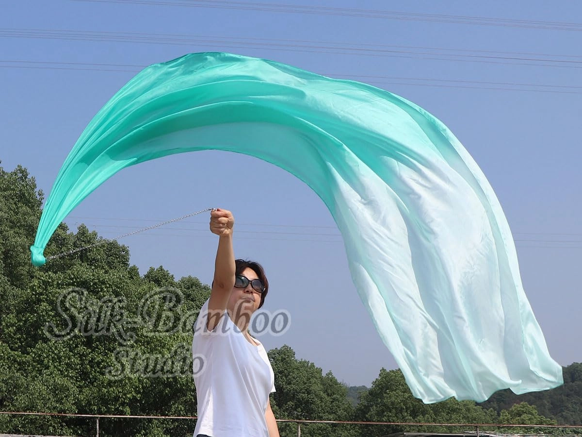 Winged Sirenny 90" Play Silk Scarf with Poi Ball, Colorful Silk Flag Ribbon Streamer, Belly Dance Practice VOI, Single Piece (aqua fading)