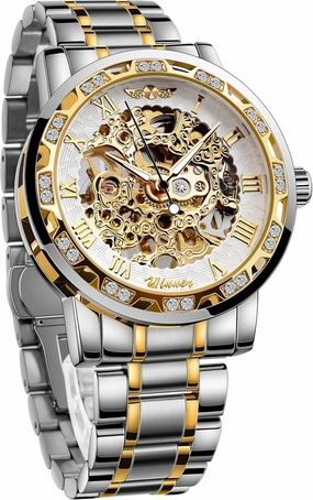 Winner Retro Manual Mechanical Skeleton Watch with Diamond and Carving Flower Craft Men Skeleton Wrist Watch Mechanical Classic Roman Number