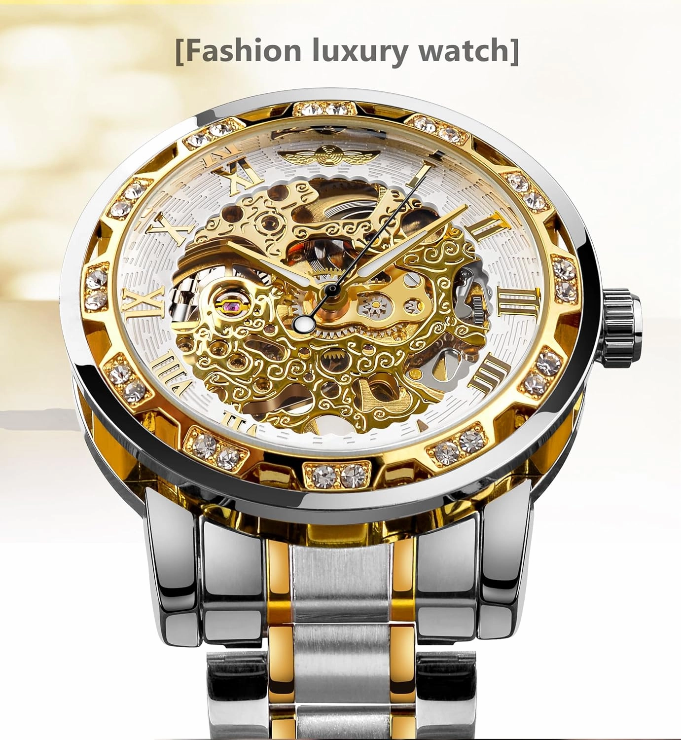 Winner Retro Manual Mechanical Skeleton Watch with Diamond and Carving Flower Craft Men Skeleton Wrist Watch Mechanical Classic Roman Number