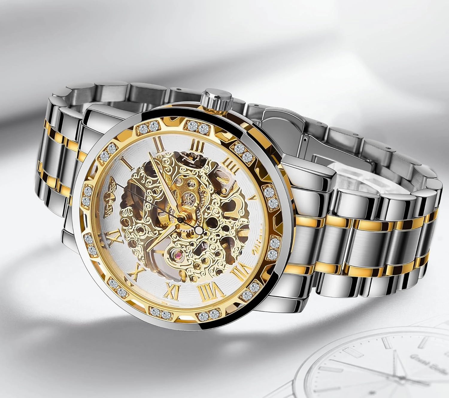 Winner Retro Manual Mechanical Skeleton Watch with Diamond and Carving Flower Craft Men Skeleton Wrist Watch Mechanical Classic Roman Number