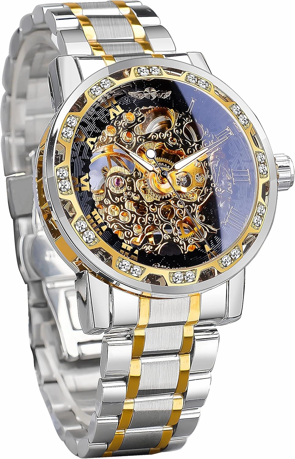 Winner Retro Manual Mechanical Skeleton Watch with Diamond and Carving Flower Craft Men Skeleton Wrist Watch Mechanical Classic Roman Number