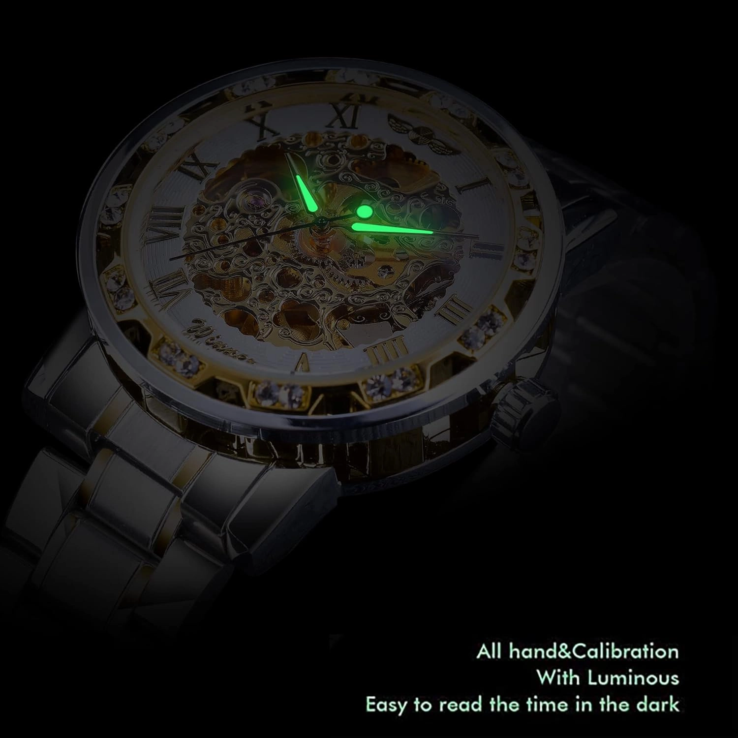 Winner Retro Manual Mechanical Skeleton Watch with Diamond and Carving Flower Craft Men Skeleton Wrist Watch Mechanical Classic Roman Number