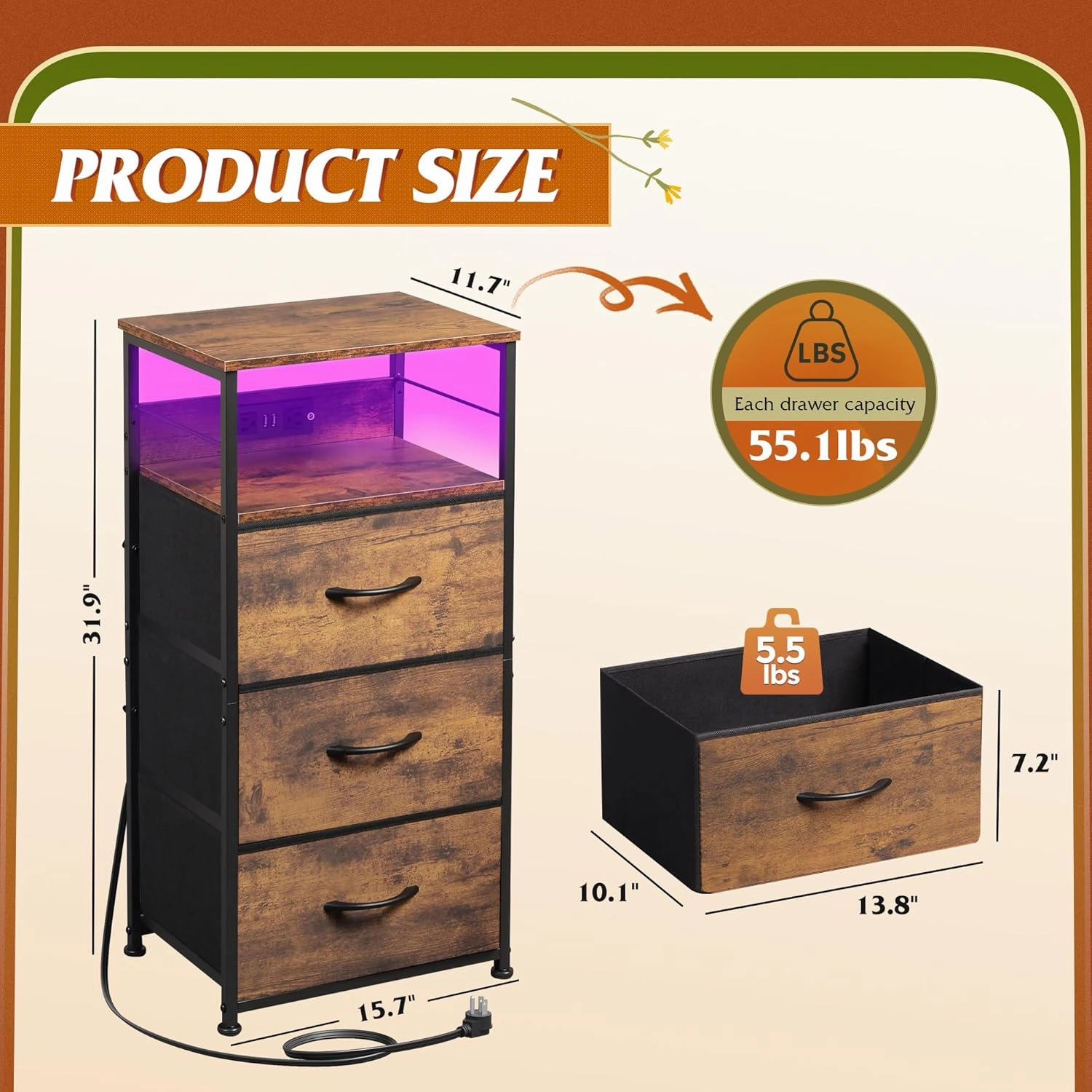 WLIVE Nightstand with Charging Station, LED Night Stand with 3 Fabric Drawers and Storage Shelf, 31.93" H Bedside Table with USB Ports and Outlets for Bedroom, Rustic Brown