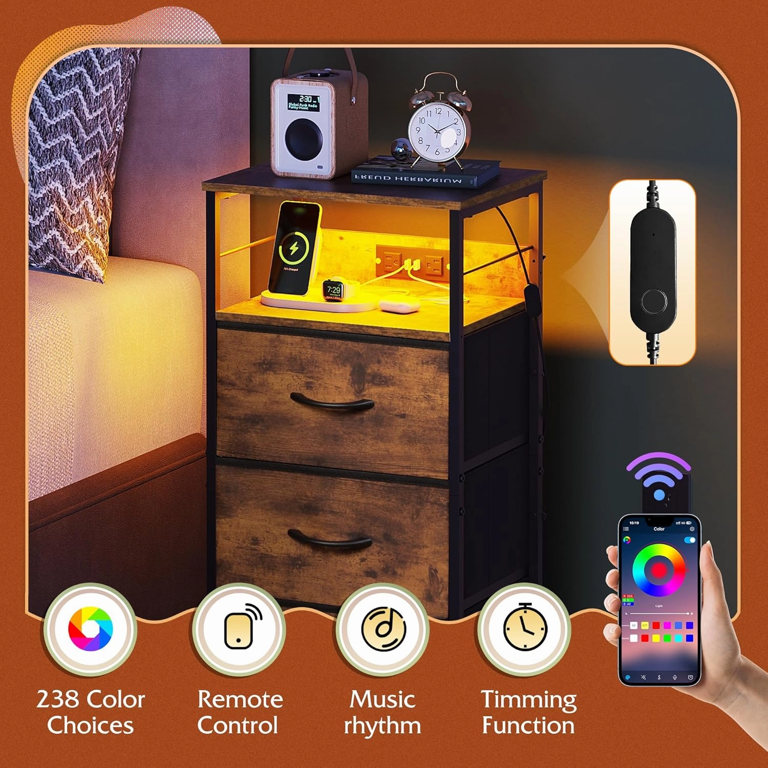 WLIVE Nightstand with Charging Station, LED Night Stand with 3 Fabric Drawers and Storage Shelf, 31.93" H Bedside Table with USB Ports and Outlets for Bedroom, Rustic Brown