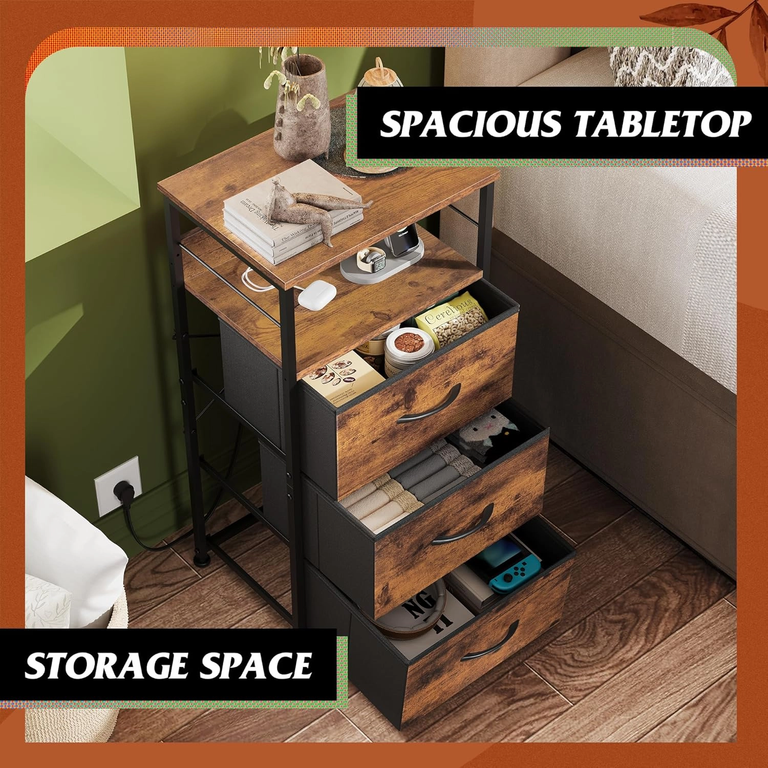 WLIVE Nightstand with Charging Station, LED Night Stand with 3 Fabric Drawers and Storage Shelf, 31.93" H Bedside Table with USB Ports and Outlets for Bedroom, Rustic Brown