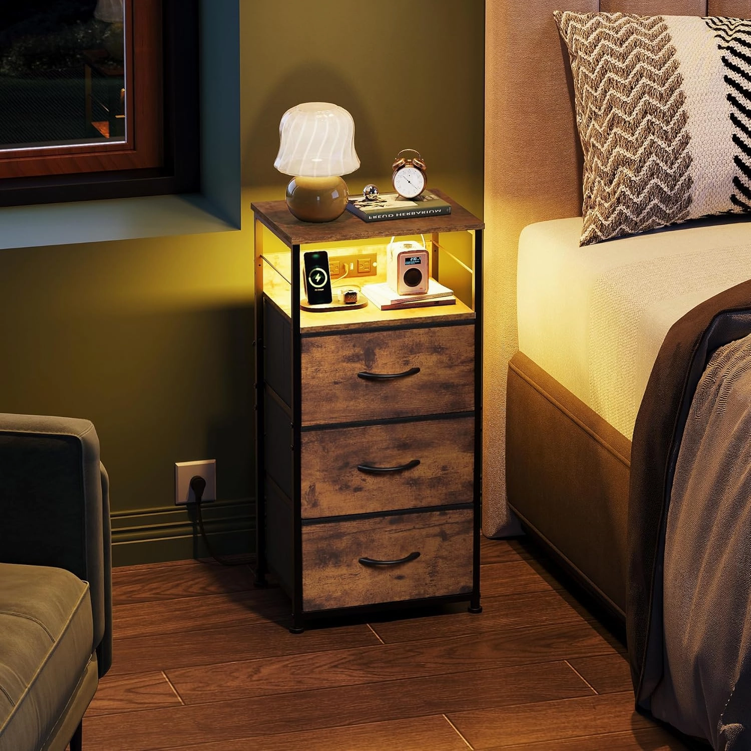 WLIVE Nightstand with Charging Station, LED Night Stand with 3 Fabric Drawers and Storage Shelf, 31.93" H Bedside Table with USB Ports and Outlets for Bedroom, Rustic Brown