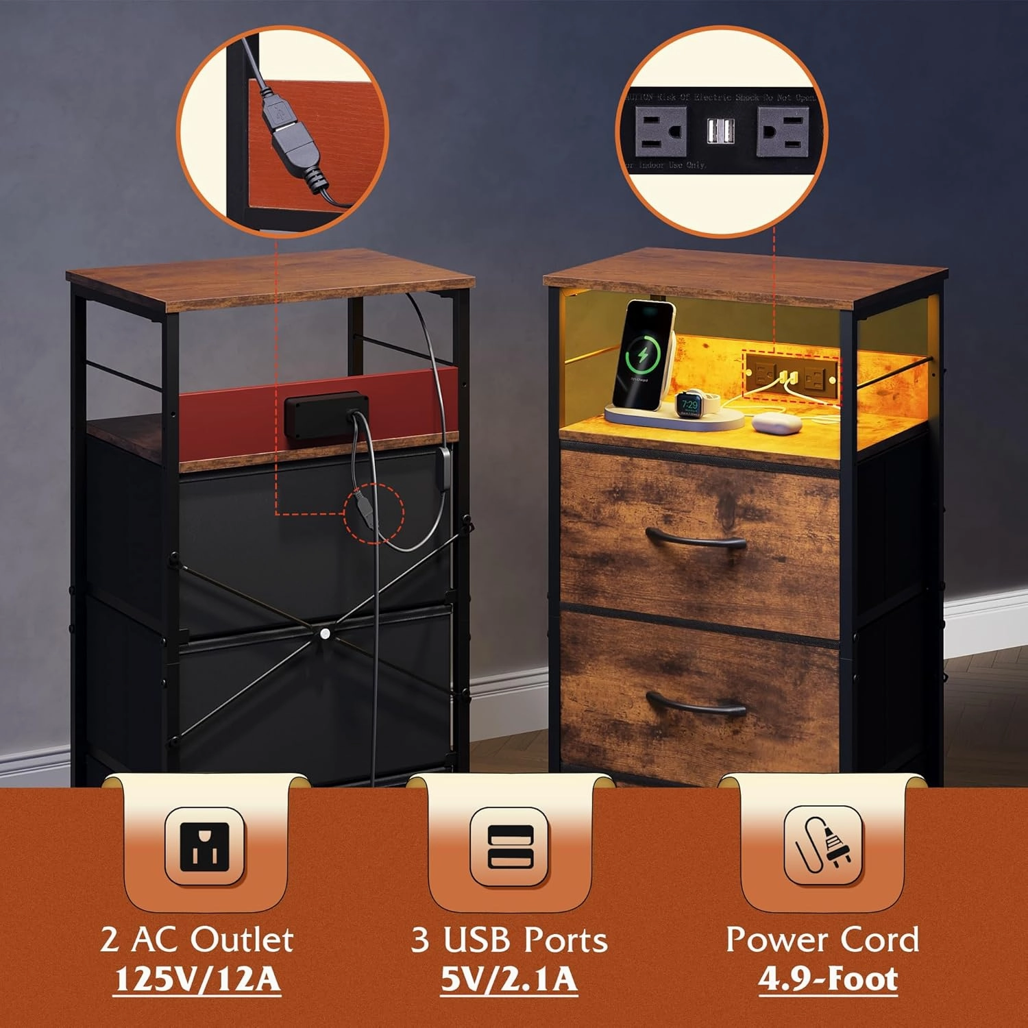 WLIVE Nightstand with Charging Station, LED Night Stand with 3 Fabric Drawers and Storage Shelf, 31.93" H Bedside Table with USB Ports and Outlets for Bedroom, Rustic Brown