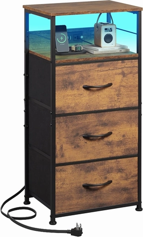 WLIVE Nightstand with Charging Station, LED Night Stand with 3 Fabric Drawers and Storage Shelf, 31.93" H Bedside Table with USB Ports and Outlets for Bedroom, Rustic Brown