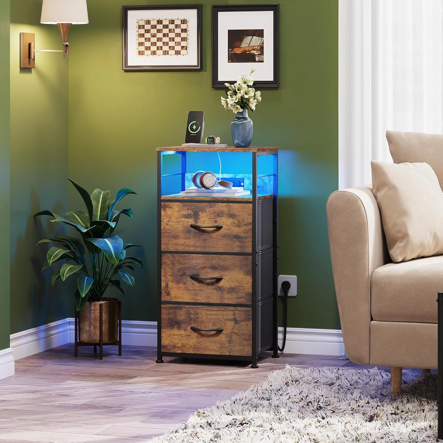 WLIVE Nightstand with Charging Station, LED Night Stand with 3 Fabric Drawers and Storage Shelf, 31.93" H Bedside Table with USB Ports and Outlets for Bedroom, Rustic Brown