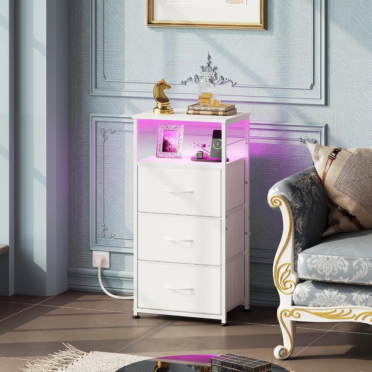 WLIVE White Night Stand with Charging Station, LED Nightstand with 3 Fabric Drawers, Tall Bedside Table with 3 USB Ports and 2 Outlets, Dresser for Small Space, 31.93" H Side Table for Bedroom