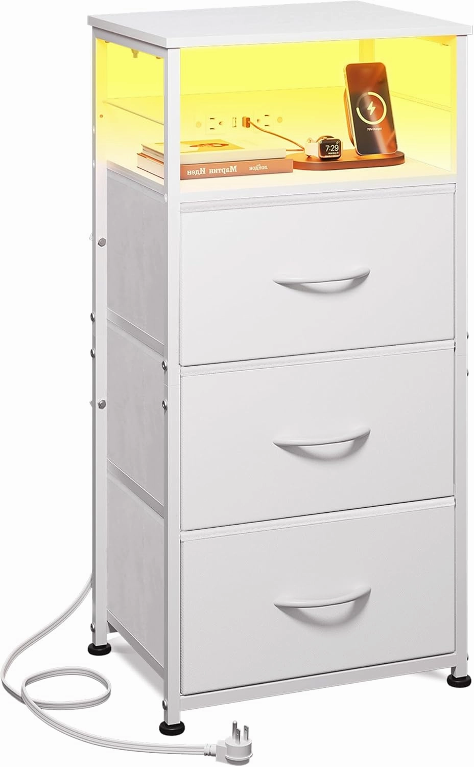 WLIVE White Night Stand with Charging Station, LED Nightstand with 3 Fabric Drawers, Tall Bedside Table with 3 USB Ports and 2 Outlets, Dresser for Small Space, 31.93" H Side Table for Bedroom