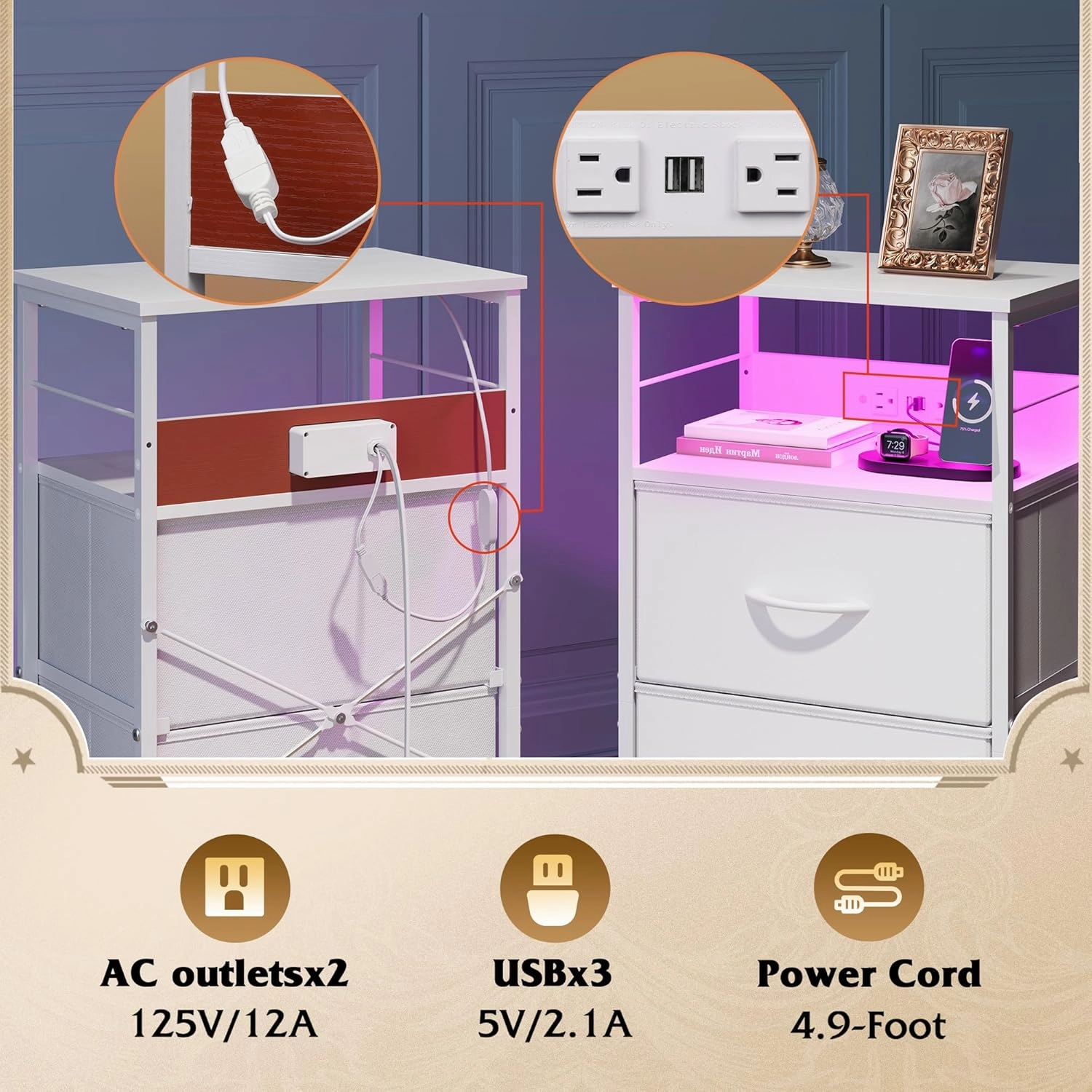 WLIVE White Night Stand with Charging Station, LED Nightstand with 3 Fabric Drawers, Tall Bedside Table with 3 USB Ports and 2 Outlets, Dresser for Small Space, 31.93" H Side Table for Bedroom