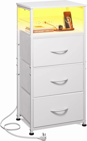 WLIVE White Night Stand with Charging Station, LED Nightstand with 3 Fabric Drawers, Tall Bedside Table with 3 USB Ports and 2 Outlets, Dresser for Small Space, 31.93" H Side Table for Bedroom