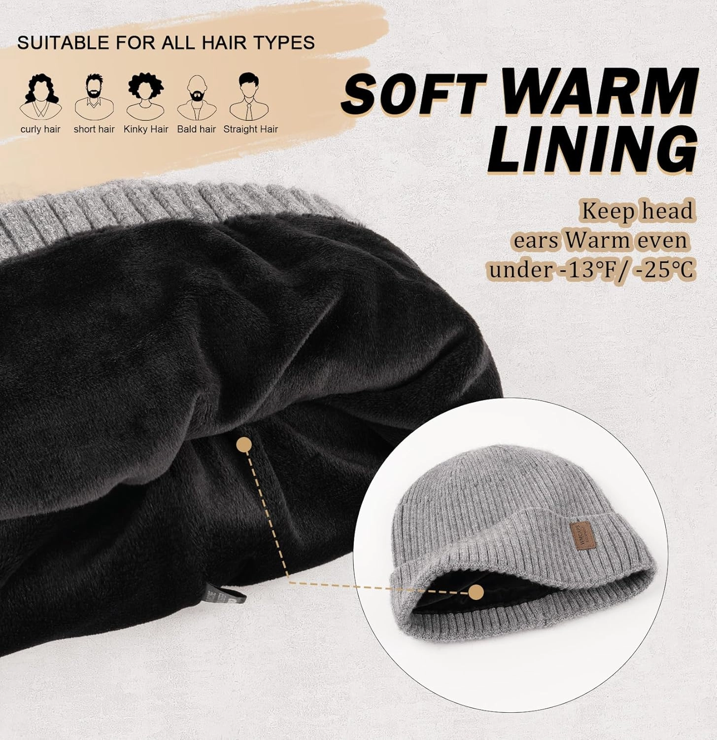 Wmcaps Warm Beanie for Men Women, Fleece Lined Beanie Warm Winter Caps Unisex Fashion Knit Cuffed Cap